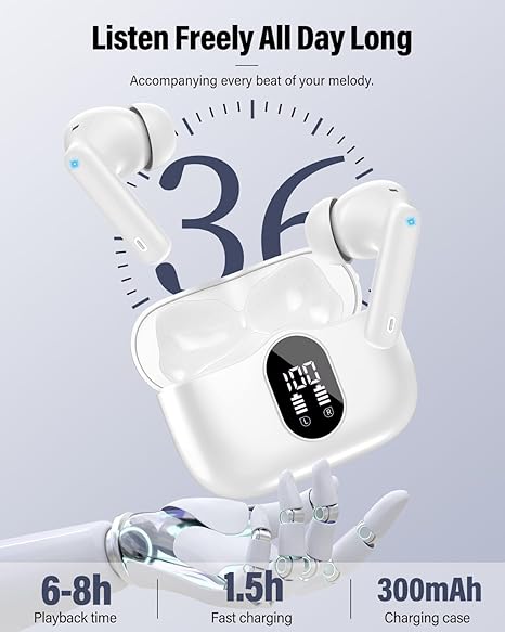 Wireless Earbuds, Bluetooth 5.4 Headphones Bass Stereo, Ear Buds with Noise Cancelling Mic
