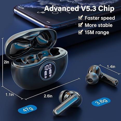 Wireless Earbuds, Bluetooth 5.3 Headphones HiFi Stereo 50H Playback LED Digital Display Ear Buds with ENC Noise